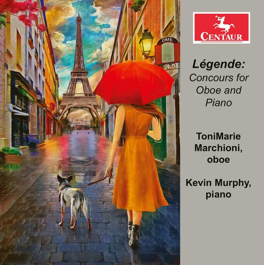 Legende: Concours for Oboe and Piano album artwork featuring a colorful painting of a woman in a red dress walking a dog in the rainy streets of Paris, with the Eiffel Tower in the distance.
